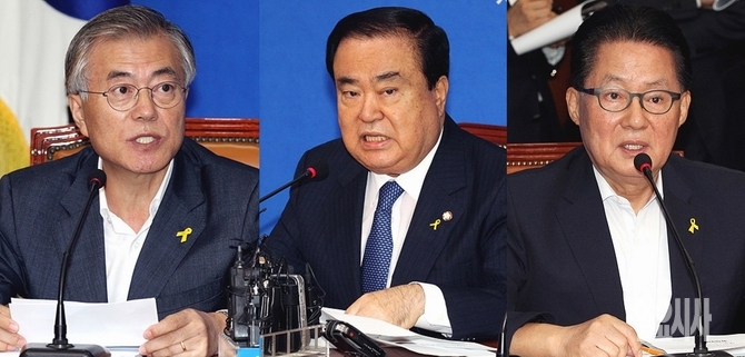 새정치민주연합 문희상 비상대책위원장(사진 가운데), 문재인(사진 왼쪽)·박지원 비대위원 <일요시사 DB>