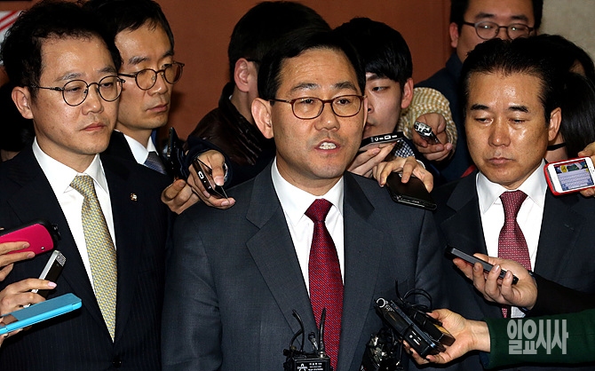 21일, 서울 여의도 국회 정론관 앞에서 새누리당 주호영 정책위의장이 '당정협의 결과 브리핑' 직후 취재진의 질문에 답변하고 있다.